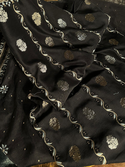 Black & Grey Banarasi Zari Chanderi Unstitched Chikankari Fabric