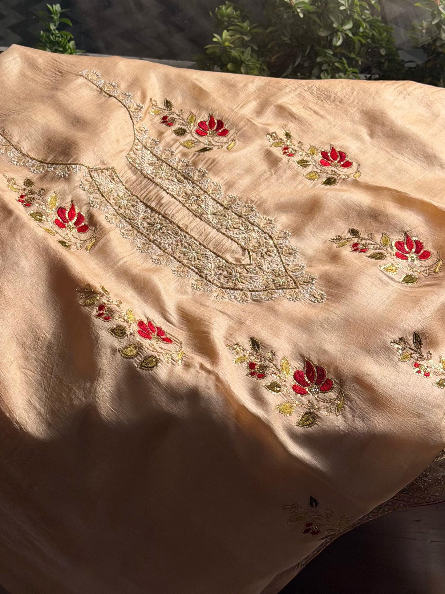 Natural Paper Tussar Resham Chikankari Unstitched Fabric Kurta Dupatta Set