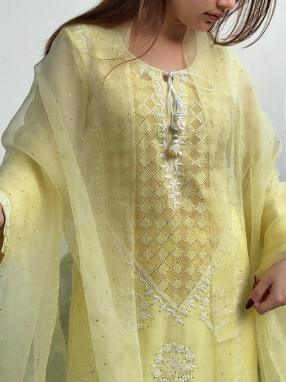 Lemon Custard Daraz Applique Chikankari Mukaish Kurta Dupatta Set