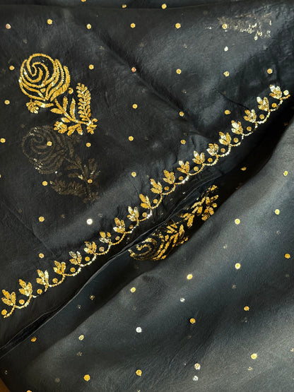 Jet Black | Noor Organza Silk Chikankari Unstitched Kurta Dupatta Set