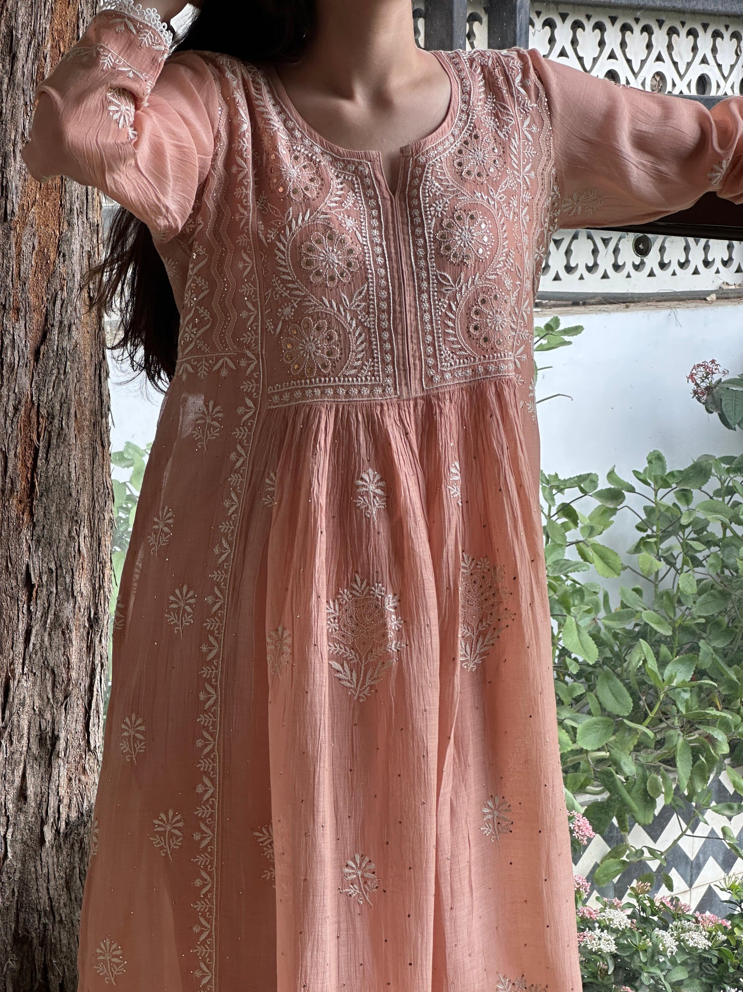 Peach Shade Malmal Mukaish Kamdani Kurta Set