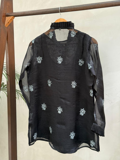 Black Noor Organza Chikankari Frill Collar Ready To Wear Short Top