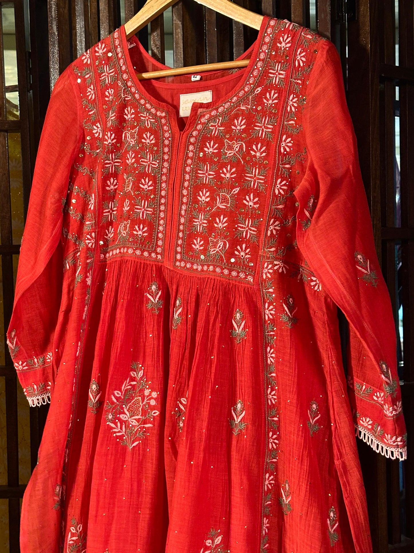 Saman Tomato Red | Malmal Mukaish Kamdani Chikankari Stitched Kurta Dupatta Set
