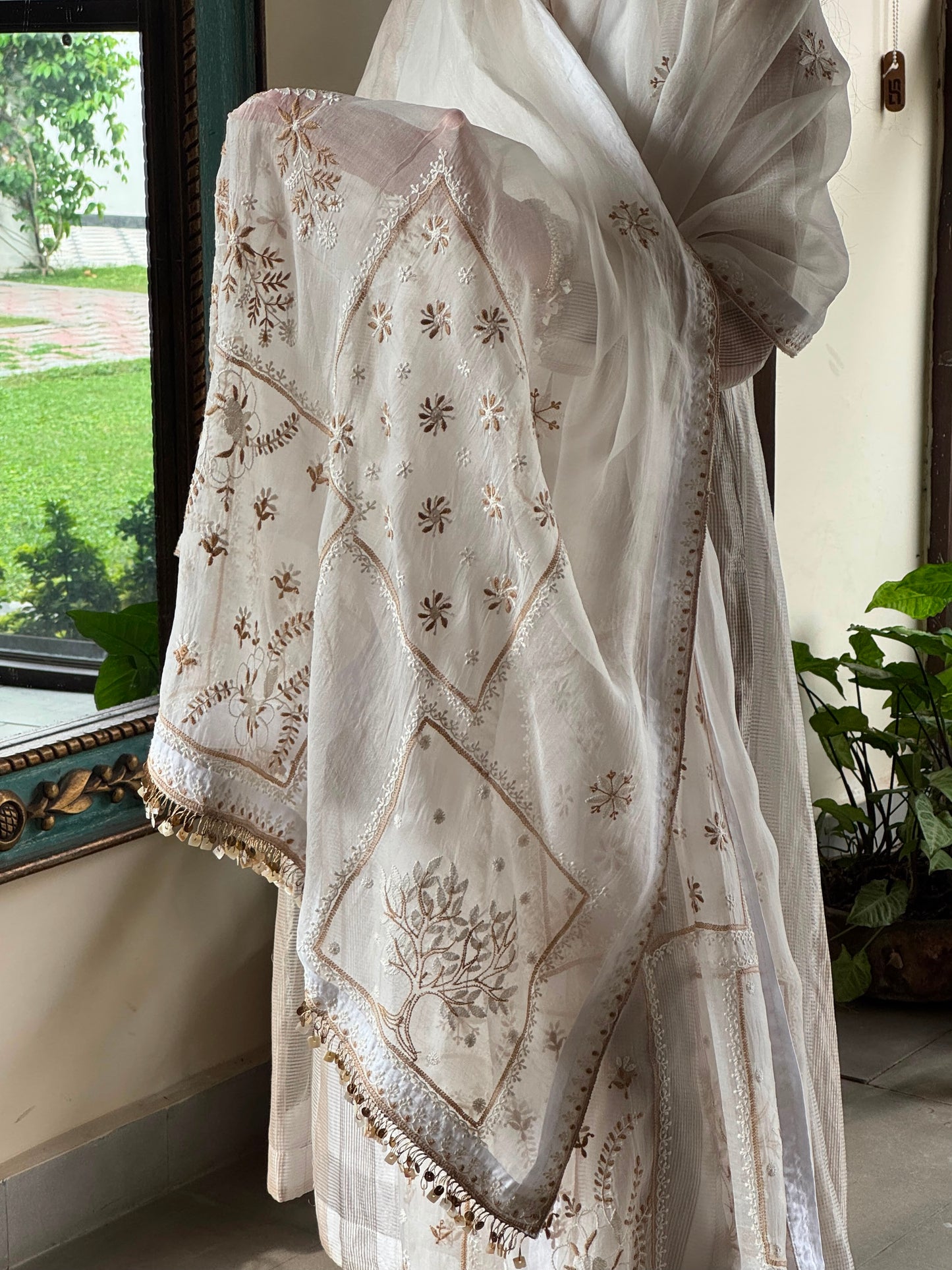 Ivory Kota Pattu Chikankari Suit Set with Organza Dupatta & Pearl Loop Buttons