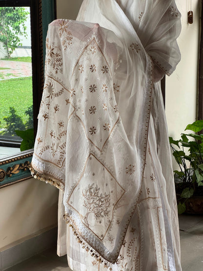Ivory Kota Pattu Chikankari Suit Set with Organza Dupatta & Pearl Loop Buttons