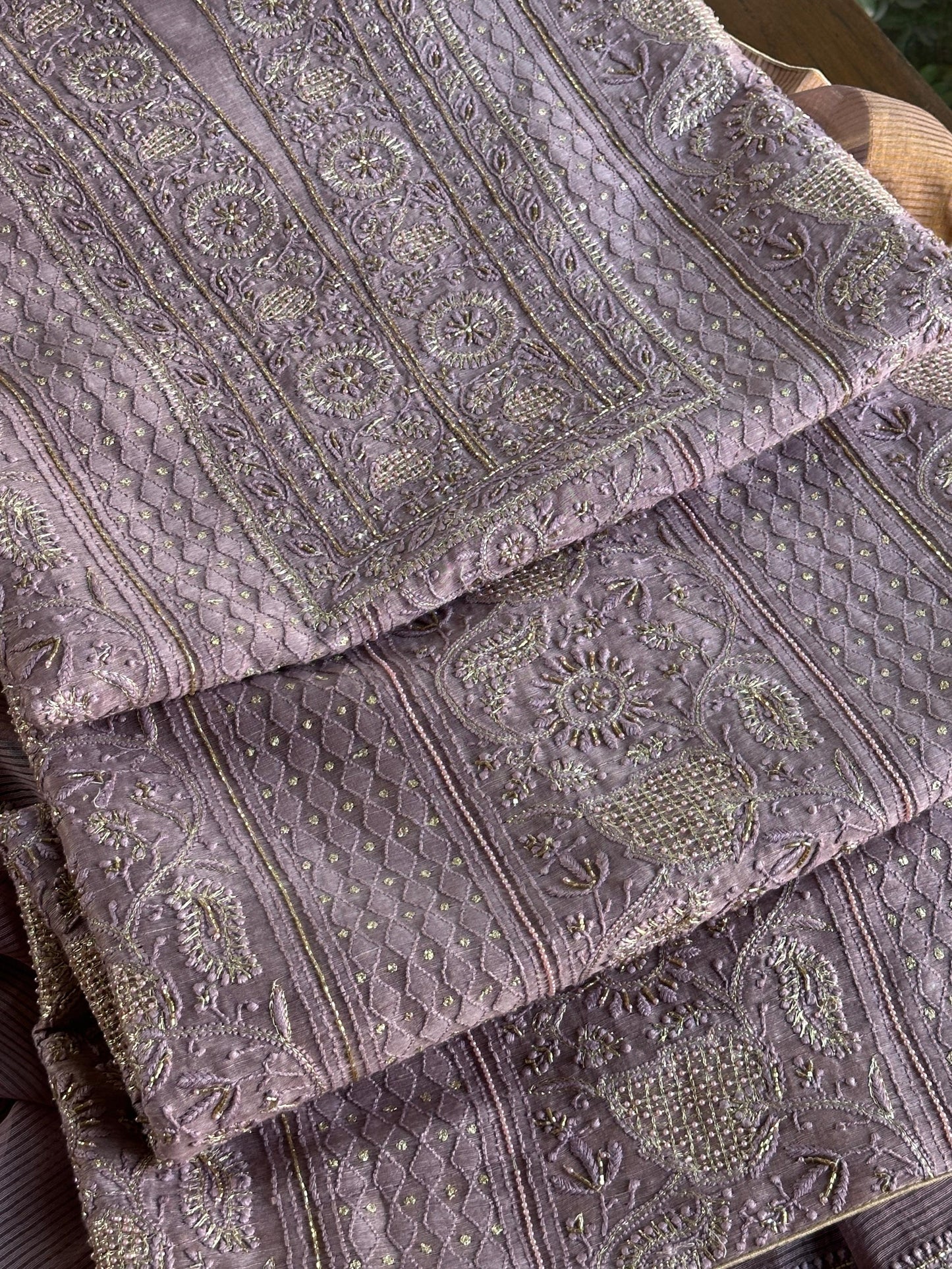 Purple Shade Linen Silk Chikankari With Ari Work Unstitched Kurta Dupatta Set