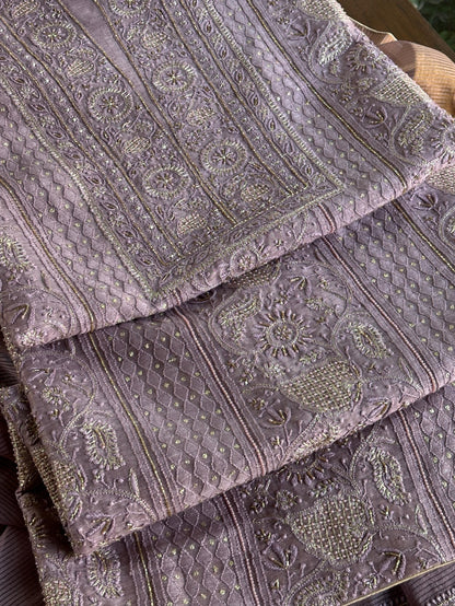 Purple Shade Linen Silk Chikankari With Ari Work Unstitched Kurta Dupatta Set