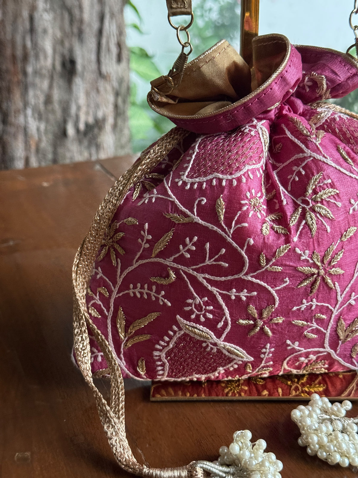 Plum Pink Silk Chikankari Ari & Kasab Work Potli Bag