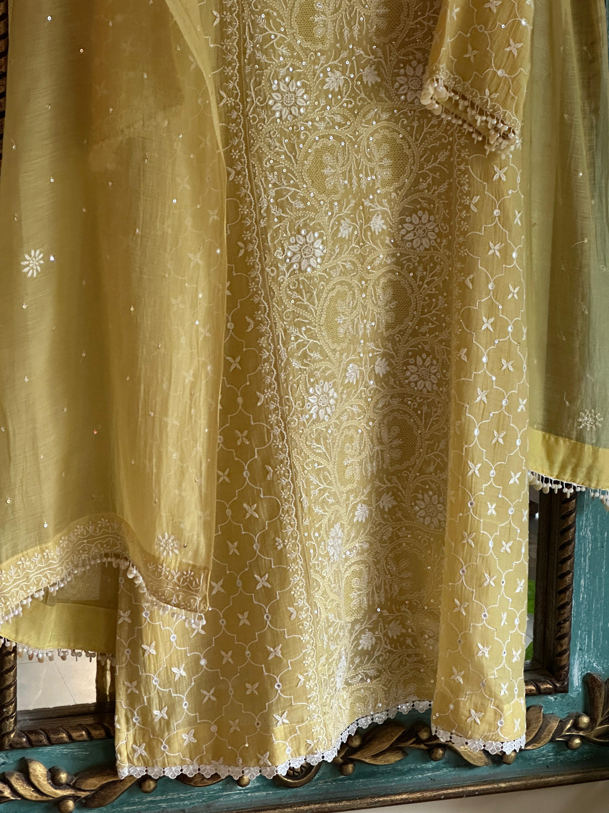 Yellow Shade Malmal Pearl White Chikankari Ready to Wear Kurta Set