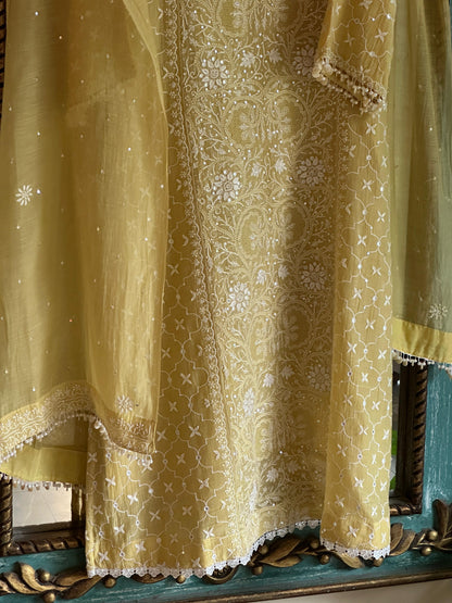 Yellow Shade Malmal Pearl White Chikankari Ready to Wear Kurta Set