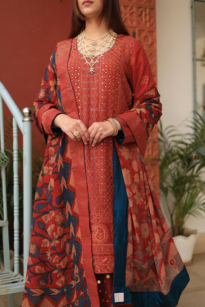 Madder Rust Red Chikankari Pure Georgette Kurta Gharara Set with Kalamkari Dupatta