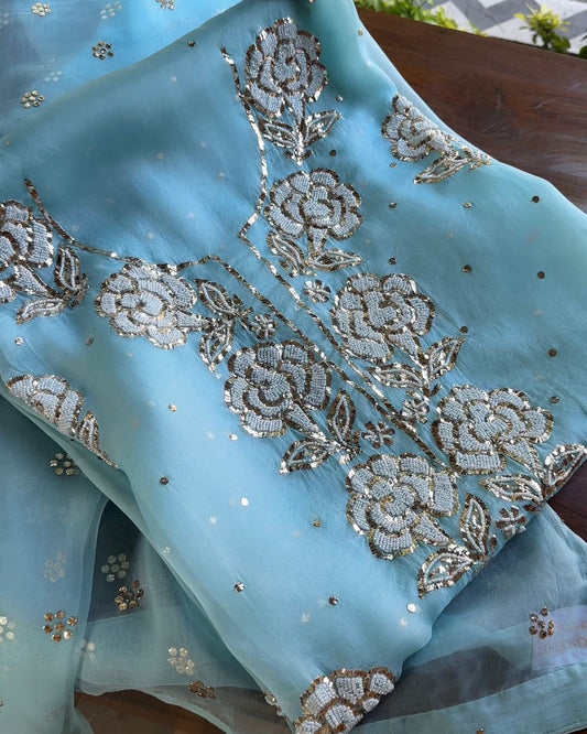 Blue Noor Organza Silk Mukaish Pearl Chikankari Unstitched Fabric