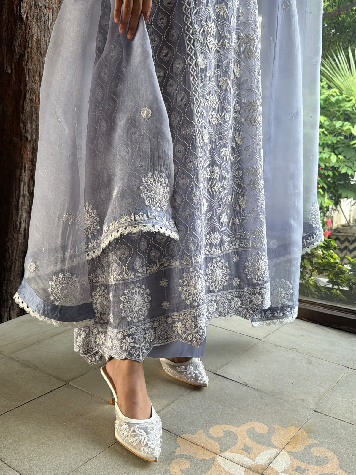 Mauve Blue Shade Cutwork Noor Organza Chikankari Anarkali