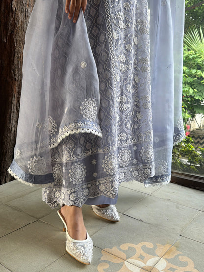 Mauve Blue Shade Cutwork Noor Organza Chikankari Anarkali