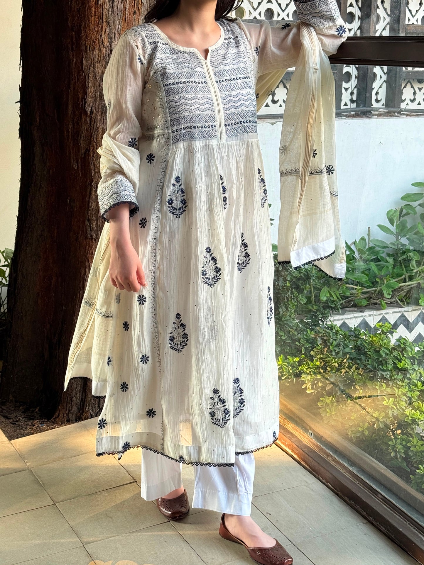 White Melon | Malmal Mukaish Kamdani Chikankari Stitched Kurta Dupatta Set