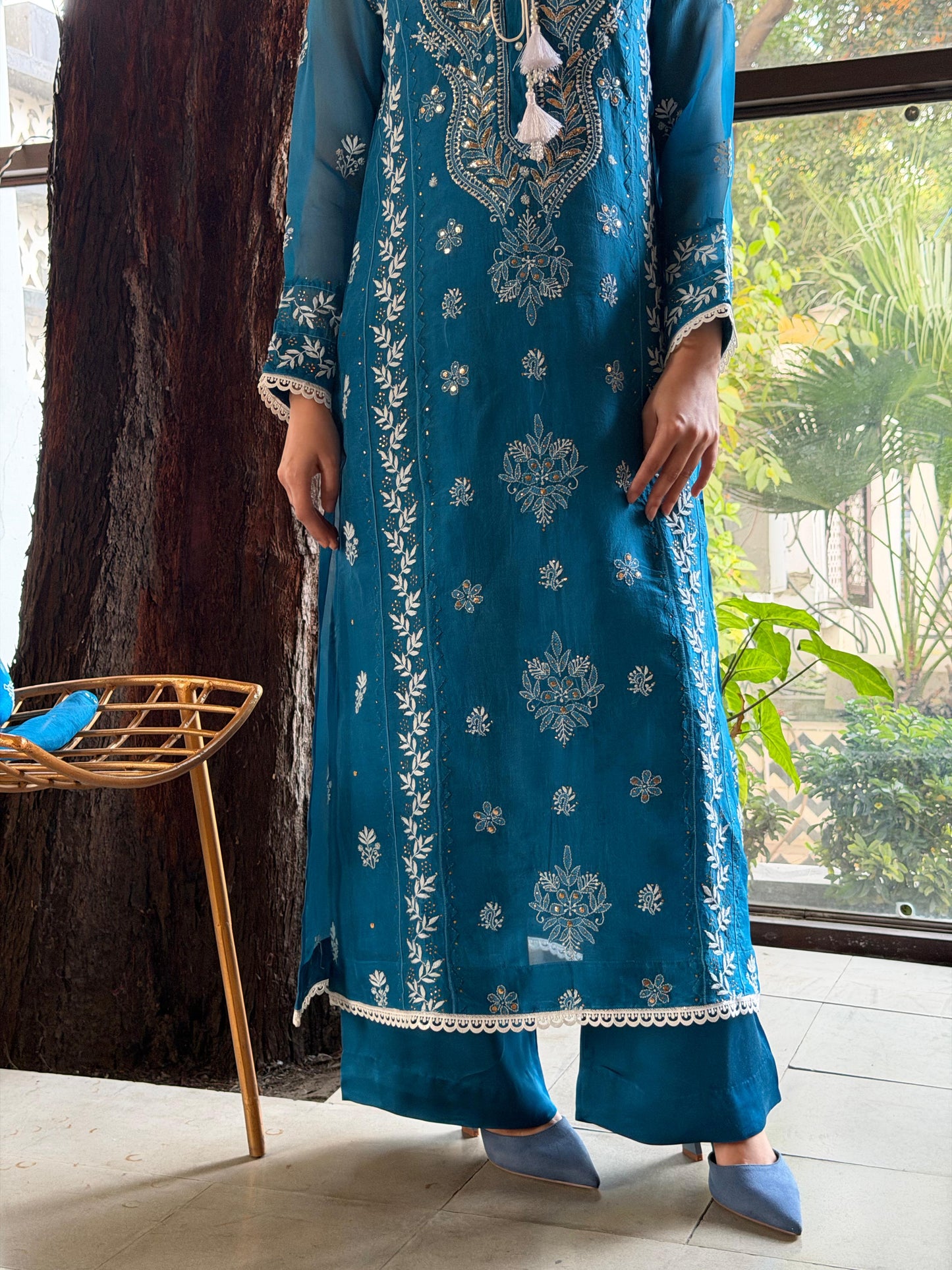Azure Blue Shade Noor Organza Chikankari Applique Kurta Set