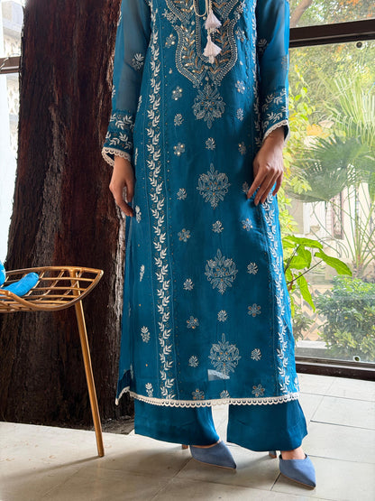 Azure Blue Shade Noor Organza Chikankari Applique Kurta Set