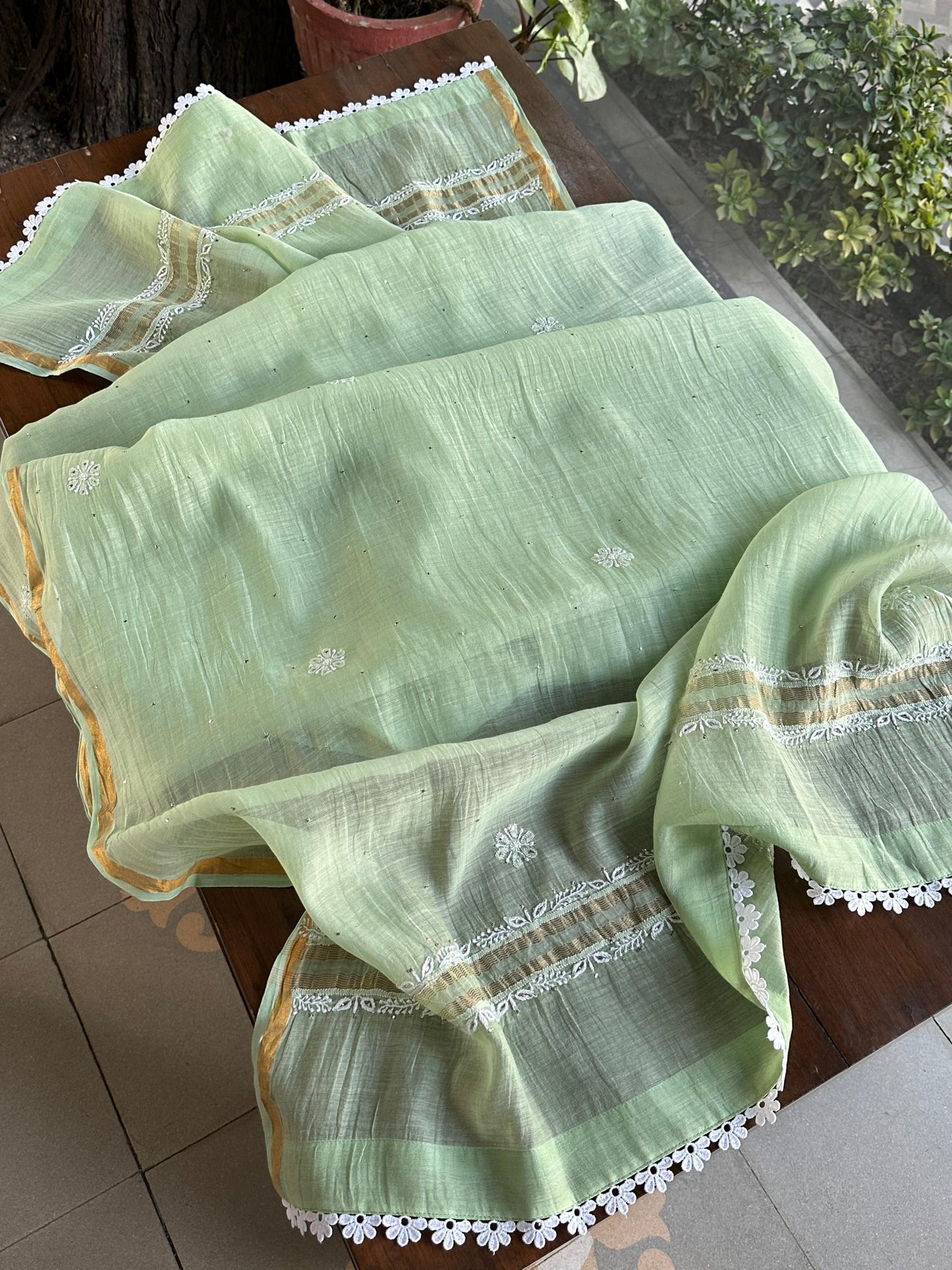Mint Green Shade Malmal Mukaish Kamdani Chikankari Kalidar Angarkha