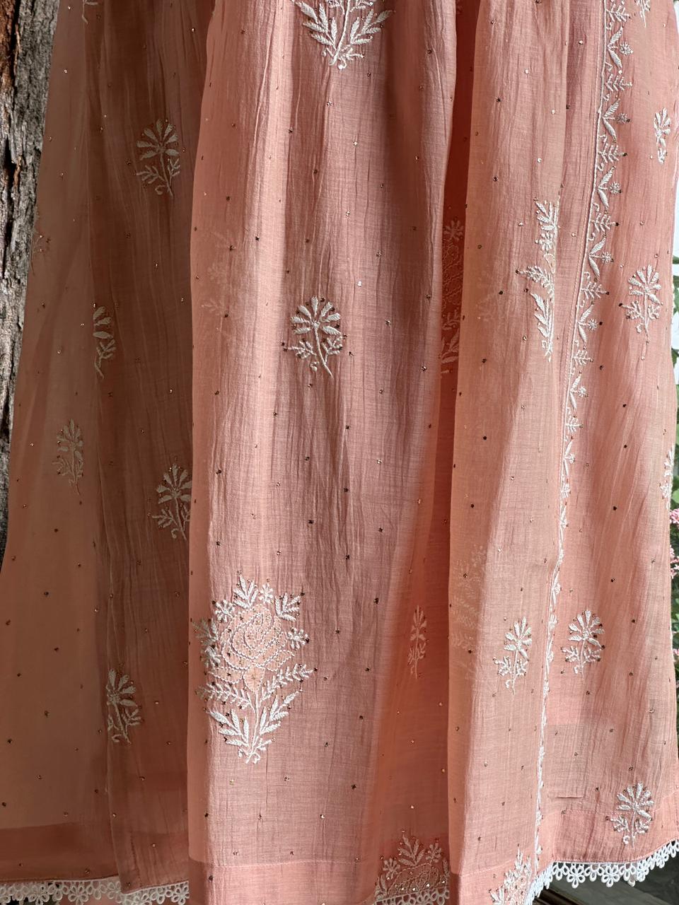 Peach Shade Malmal Mukaish Kamdani Kurta Set