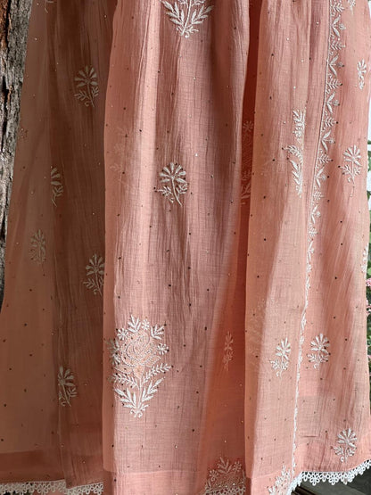 Peach Shade Malmal Mukaish Kamdani Kurta Set