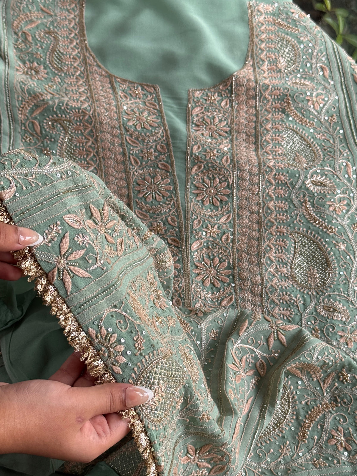 Green Superfine Pure Georgette Chikankari Kurta Set