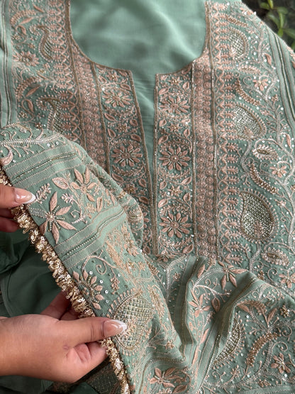 Green Superfine Pure Georgette Chikankari Kurta Set