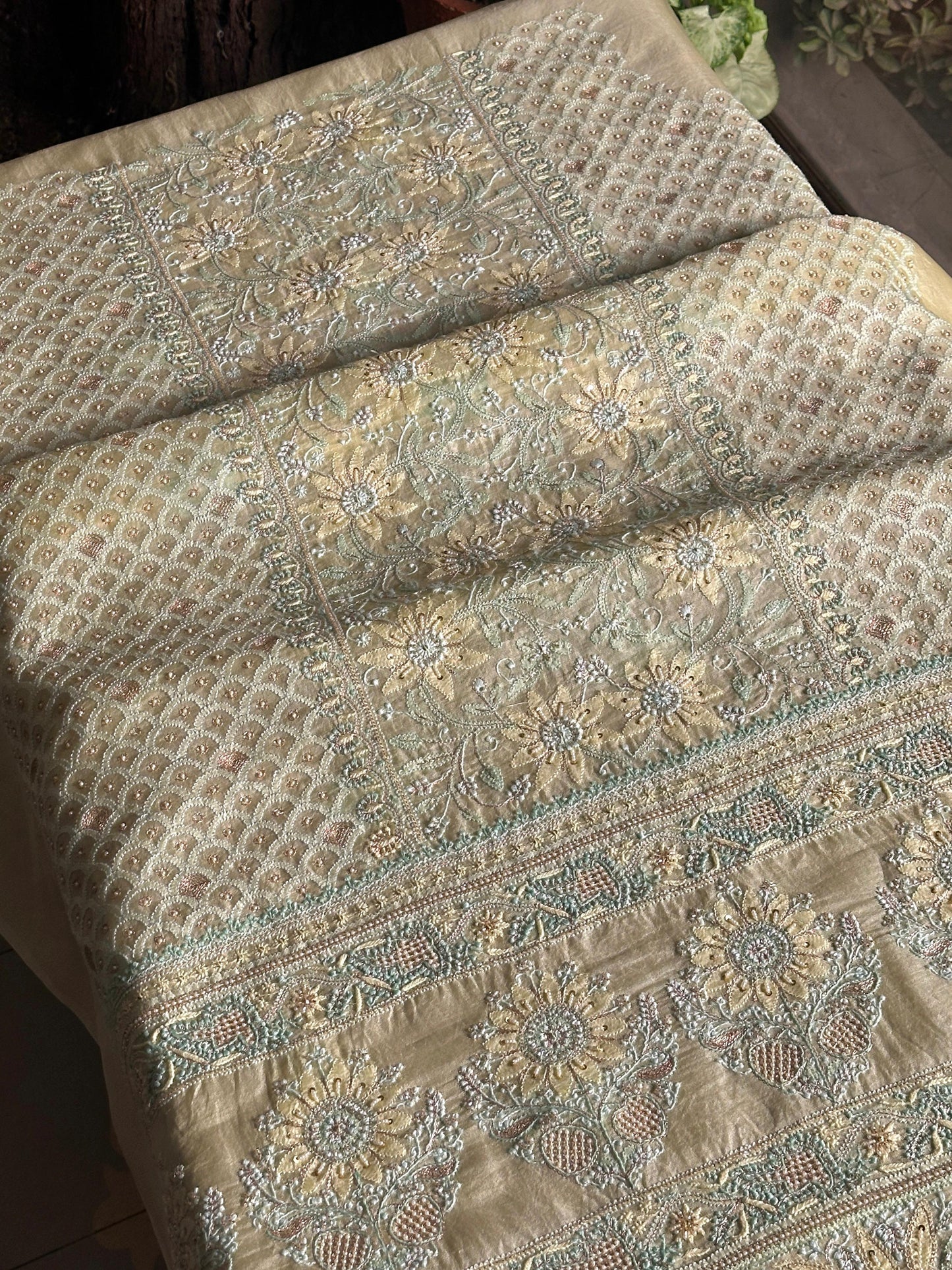 Lemon Shade Noor Banarasi Organza Chikankari Unstitched Fabric