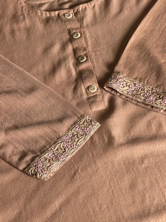 Mocha Brown Shade Kashmiri Pashmina Phiran with Handcrafted Ari & Chikankari Embroidery