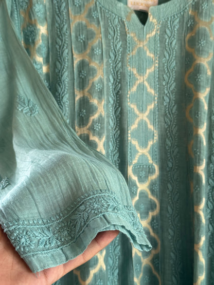 Sea Green Zari Chanderi Chikankari A Line Kurta with Slip