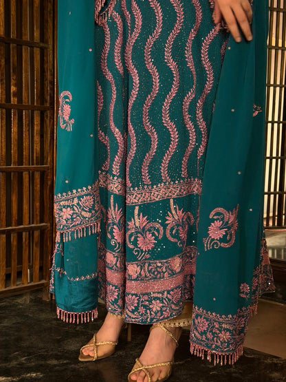 Prussian Blue Sequinned Georgette Chikankari Anarkali