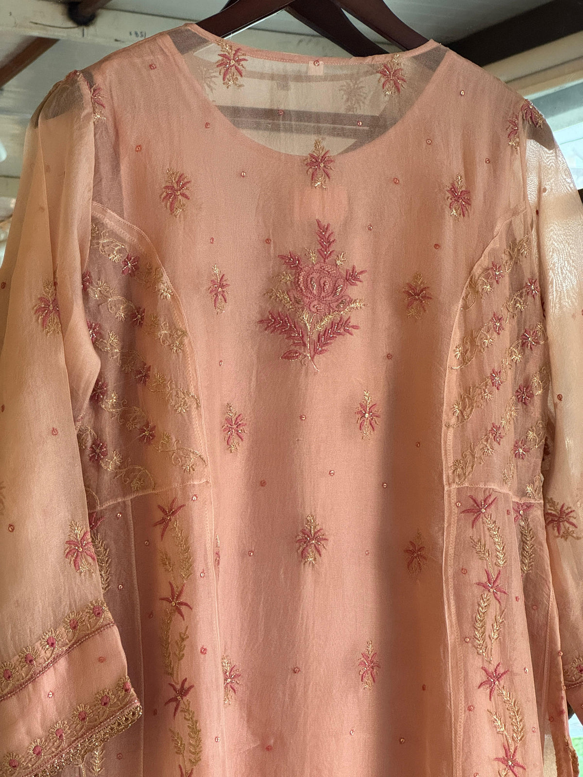 Pearl Peach Shade Noor Organza Chikankari A Line Kurta With Dupatta