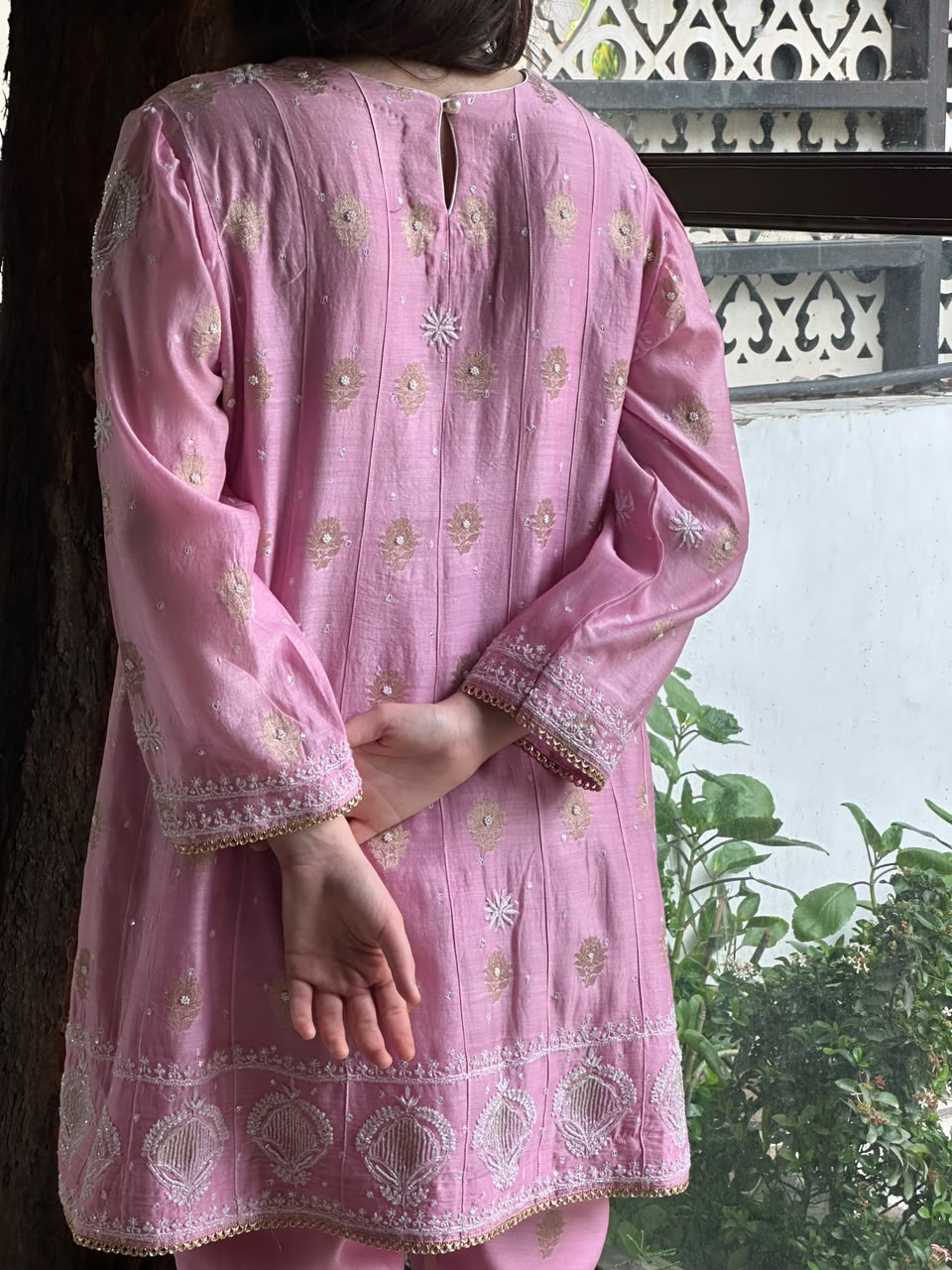 Soft Pink Zari Chanderi Chikankari Co-Ord Set