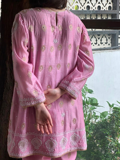 Soft Pink Zari Chanderi Chikankari Co-Ord Set