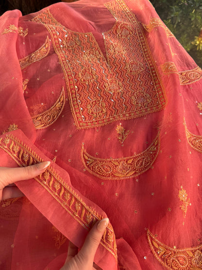 Peach Shade Noor Organza Silk Chikankari Unstitched Fabric
