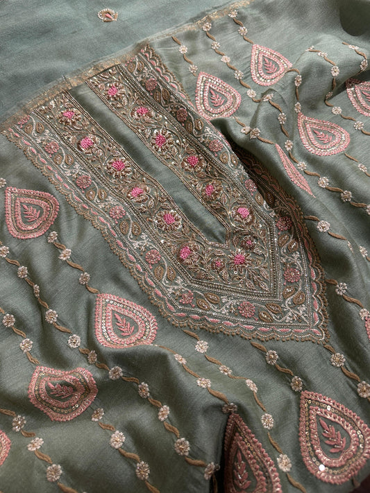 Green Shade Moonga Silk Chikankari Suit with Ari Pitta Detailing & Zardosi Border