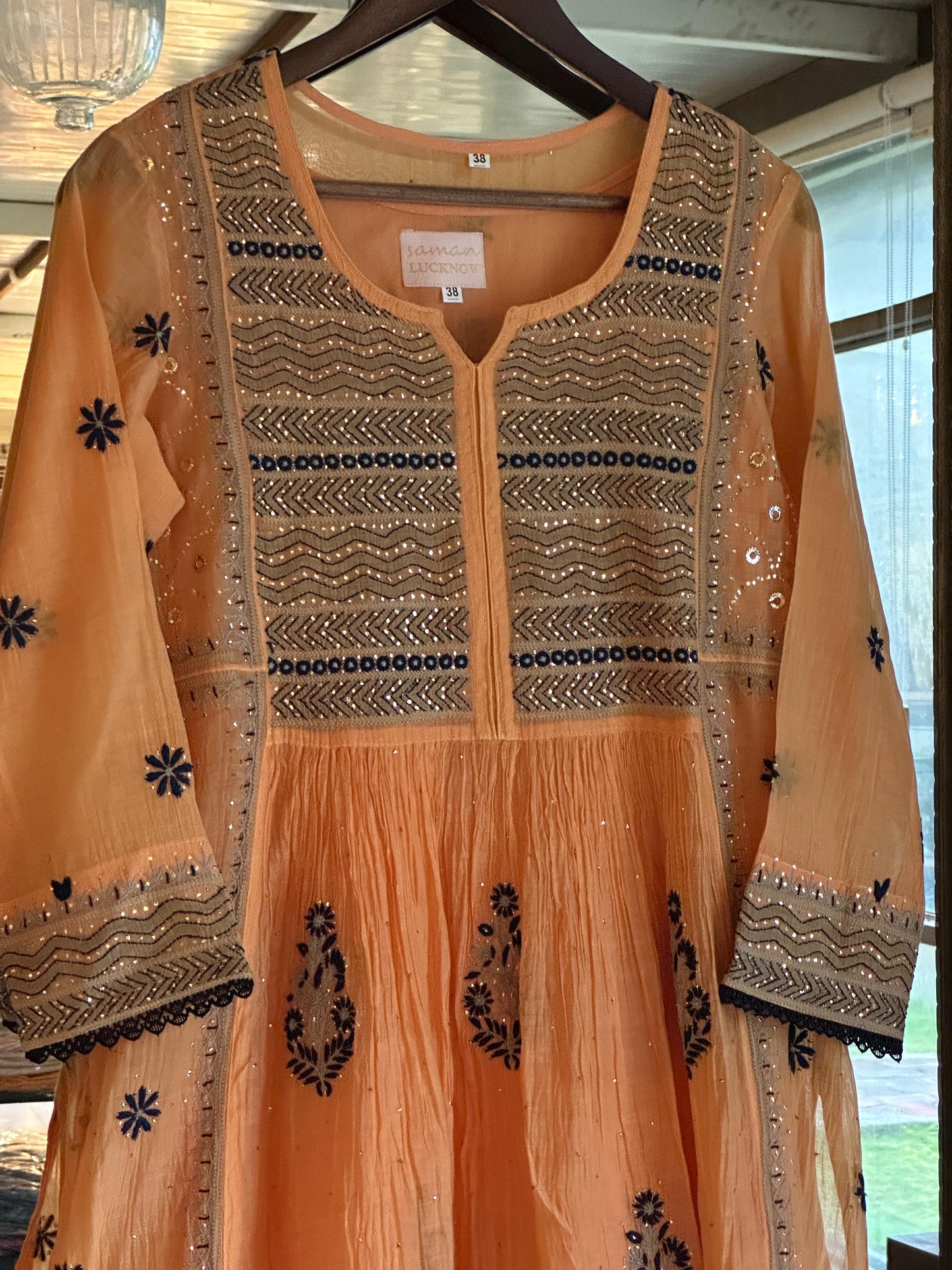 Orange Blue Malmal Mukaish Kamdani Chikankari Stitched Kurta Dupatta Set