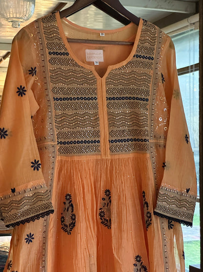 Orange Blue Malmal Mukaish Kamdani Chikankari Stitched Kurta Dupatta Set