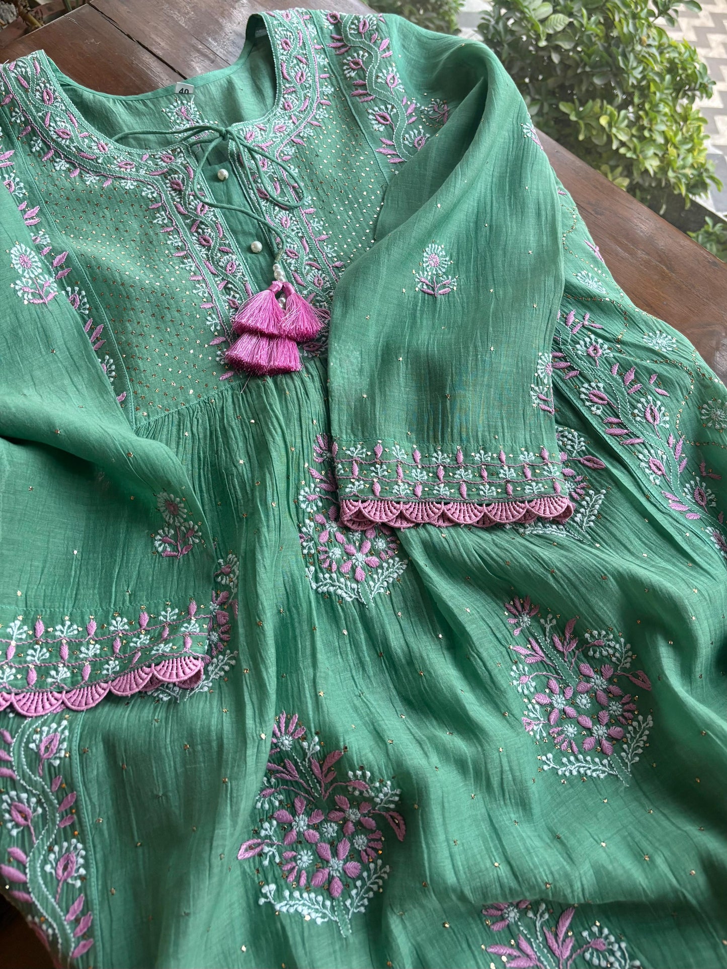 Green & Soft Pink Shade | Malmal Mukaish Kamdani Chikankari Stitched Kurta Dupatta Set