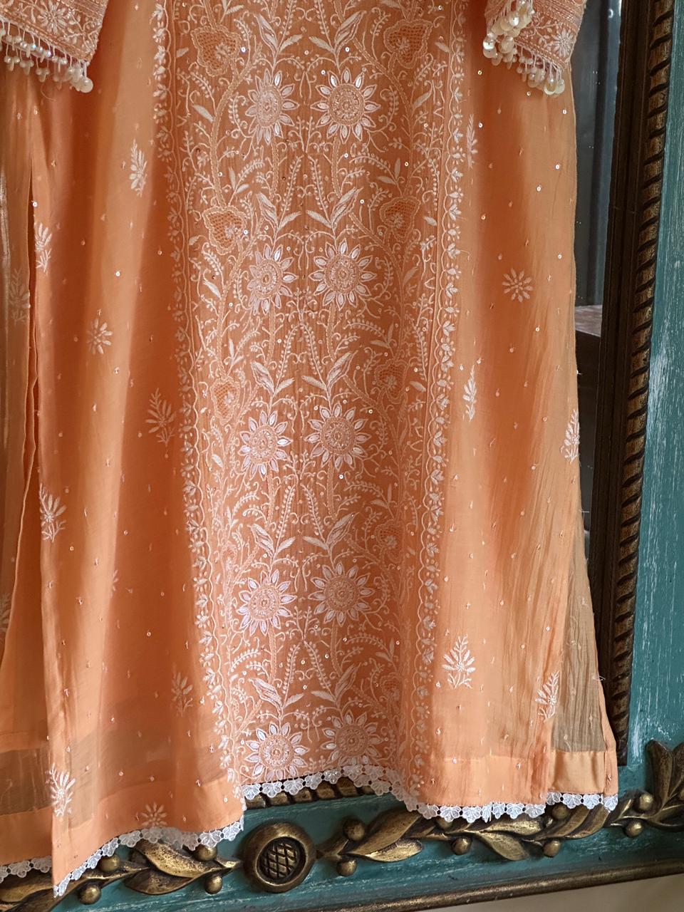 Coral Peach Shade Malmal Pearl White Chikankari Ready to Wear Kurta Set