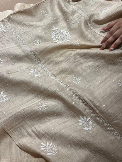 Semi Stitched Natural Shade Tussar Silk Chikankari Kurta Dupatta Sets