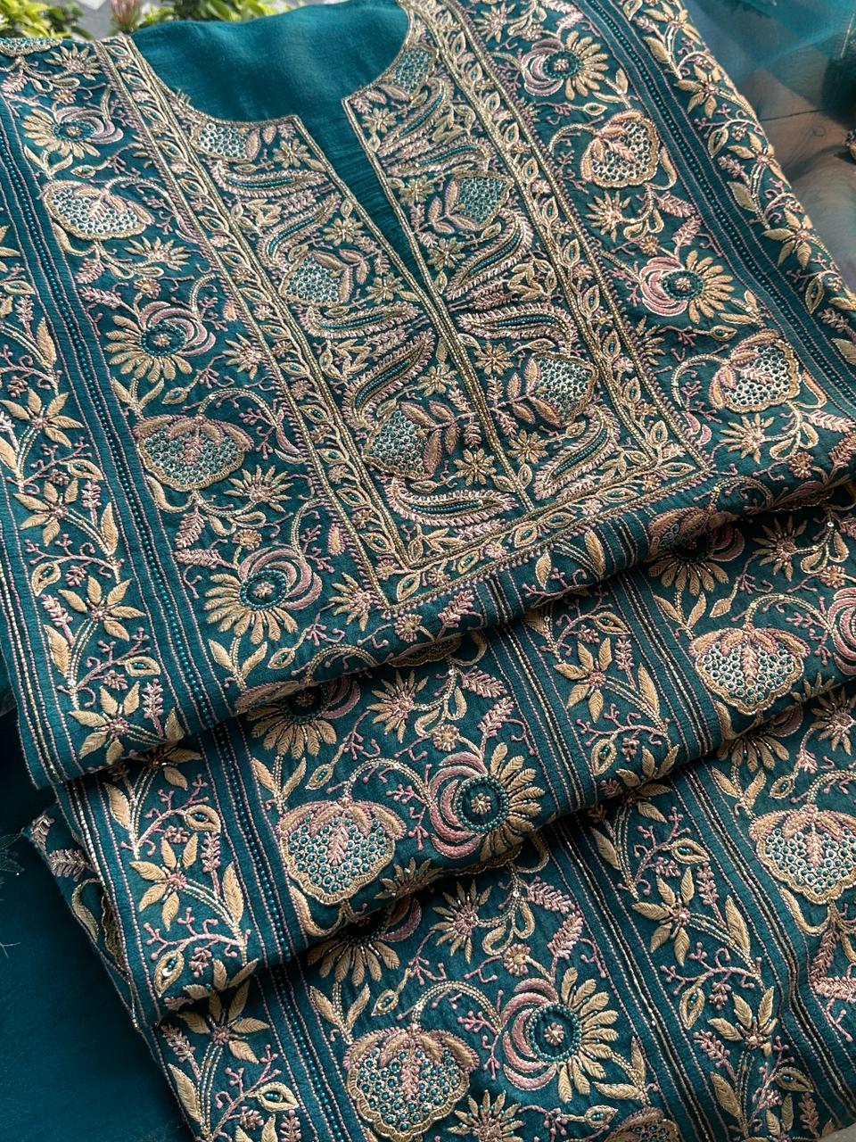 Peacock Blue Shade Moonga Silk Chikankari Unstitched Fabric
