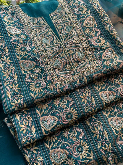 Peacock Blue Shade Moonga Silk Chikankari Unstitched Fabric