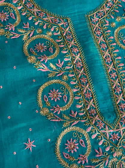 Peacock Blue Organza Banarasi Silk Chikankari Unstitched Kurta Dupatta Set