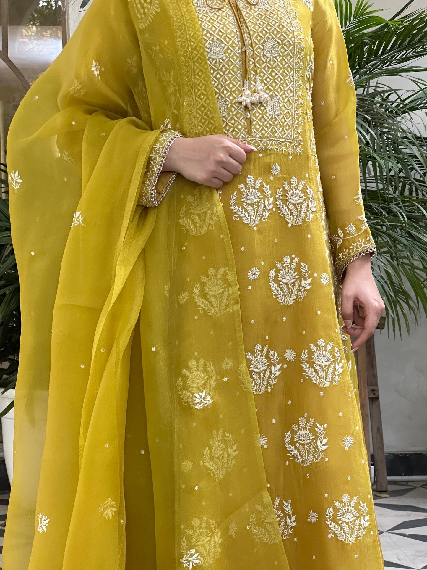Yellow Noor Organza Chikankari Anarkali Kurta With Dupatta