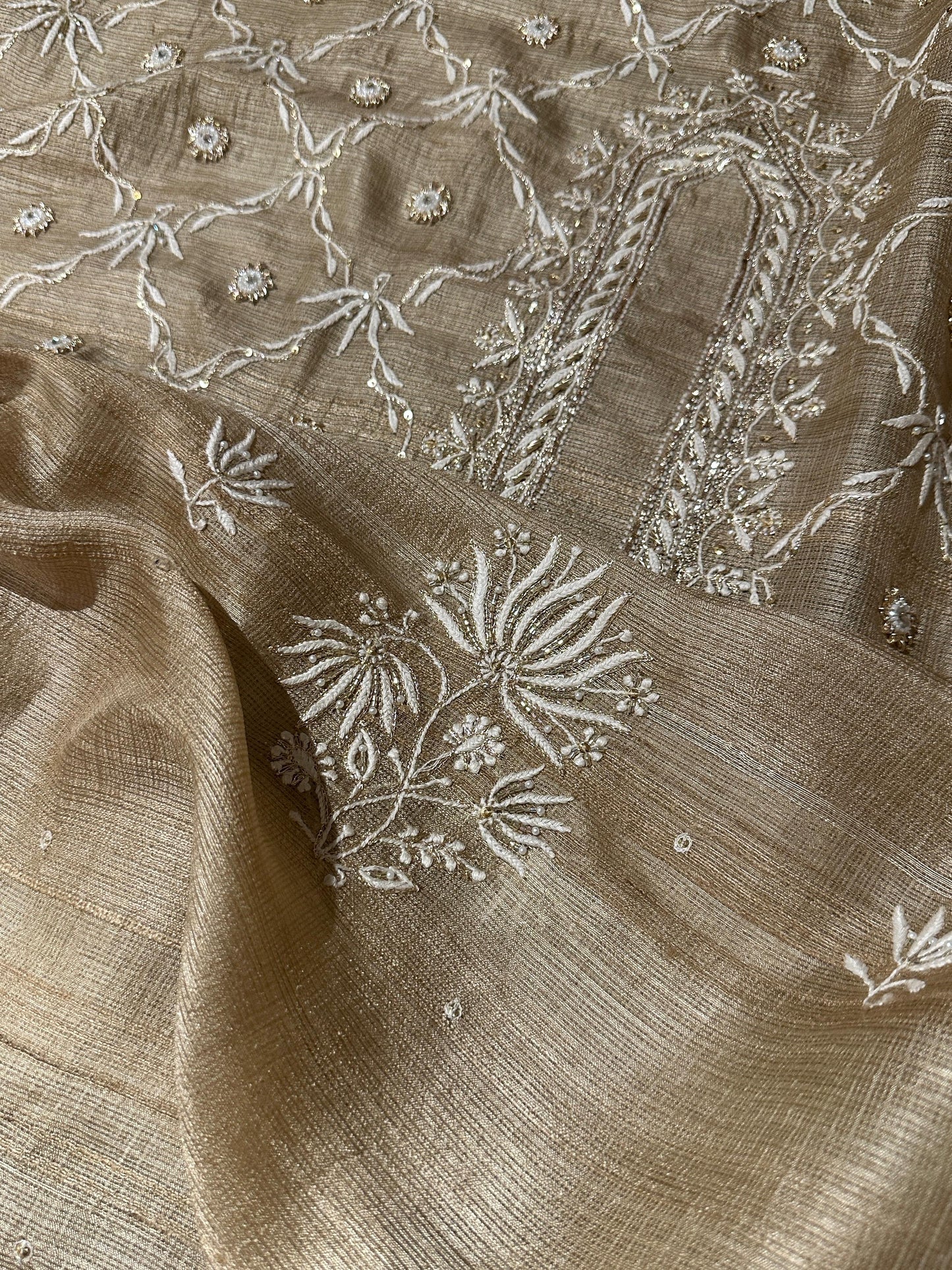 Beige Rasm Tussar Kota Chikankari Unstitched Chikankari Fabrics