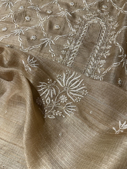 Beige Rasm Tussar Kota Chikankari Unstitched Chikankari Fabrics