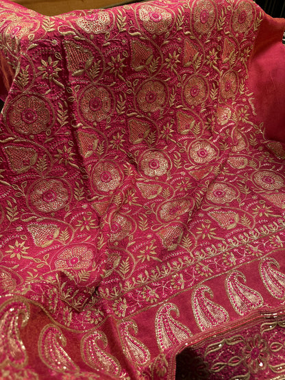 Hot Pink Tissue Silk Chikankari Unstitched Fabric