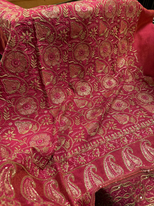 Hot Pink Tissue Silk Chikankari Unstitched Fabric