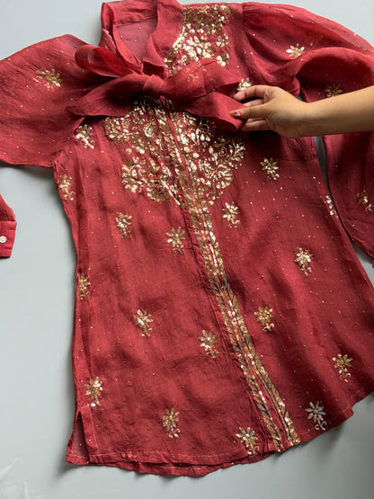 Brick Red Noor Organza Mukaish Badla Short Top With Bow Tie