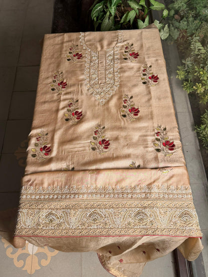 Natural Paper Tussar Resham Chikankari Unstitched Fabric Kurta Dupatta Set
